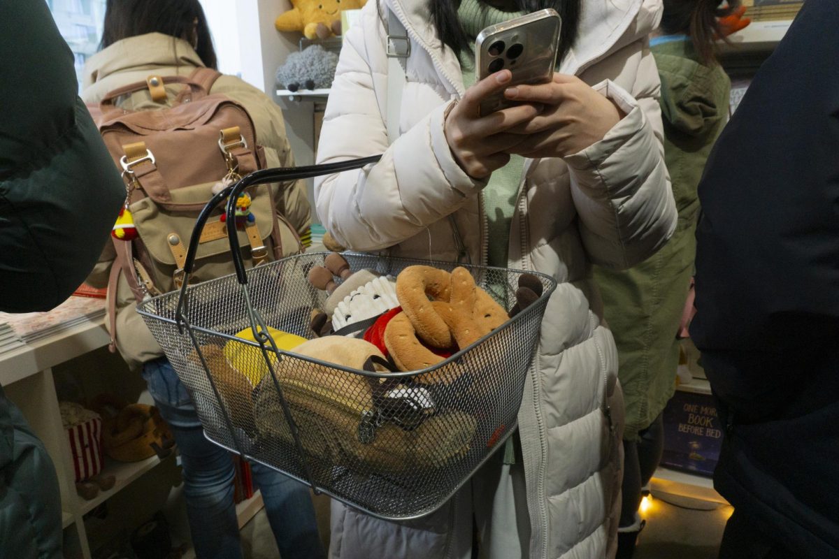 A customer holds a basket filled with Jellycats. Fans of the brand were not hesitant to pick up multiple of their favorite toys.