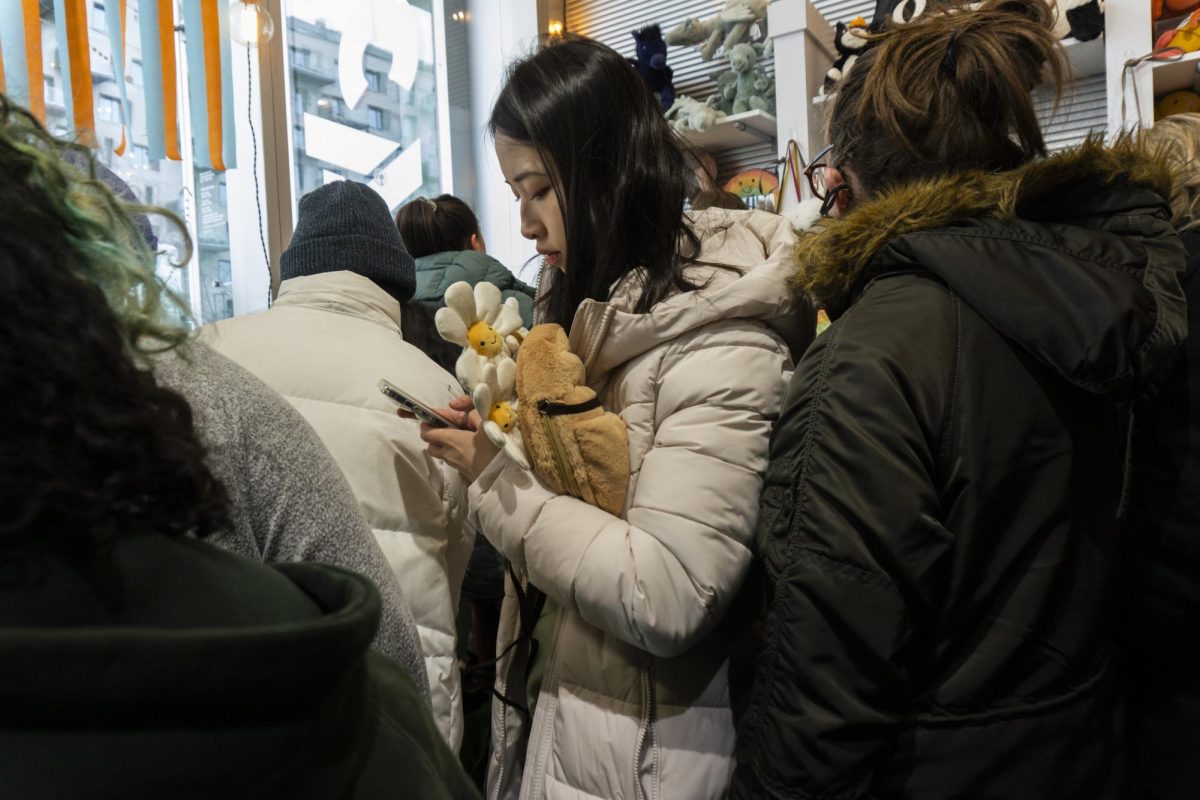 A woman checks her phone as she holds a flower and croissant bag Jellycat. There were a variety of options spanning from animals to inanimate objects to food.