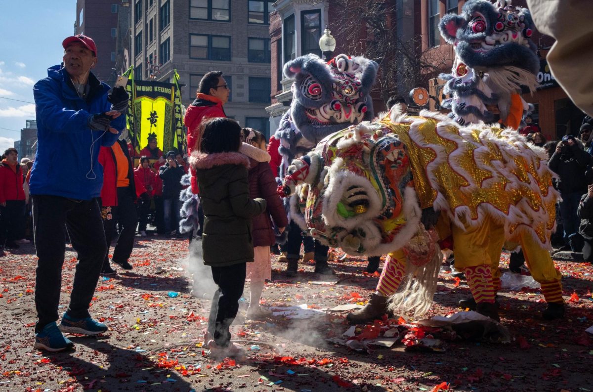 A lion dancer bows to a girl in thanks and appreciation. During the parade, children gave the lions red envelopes filled with money to pass on good fortune.