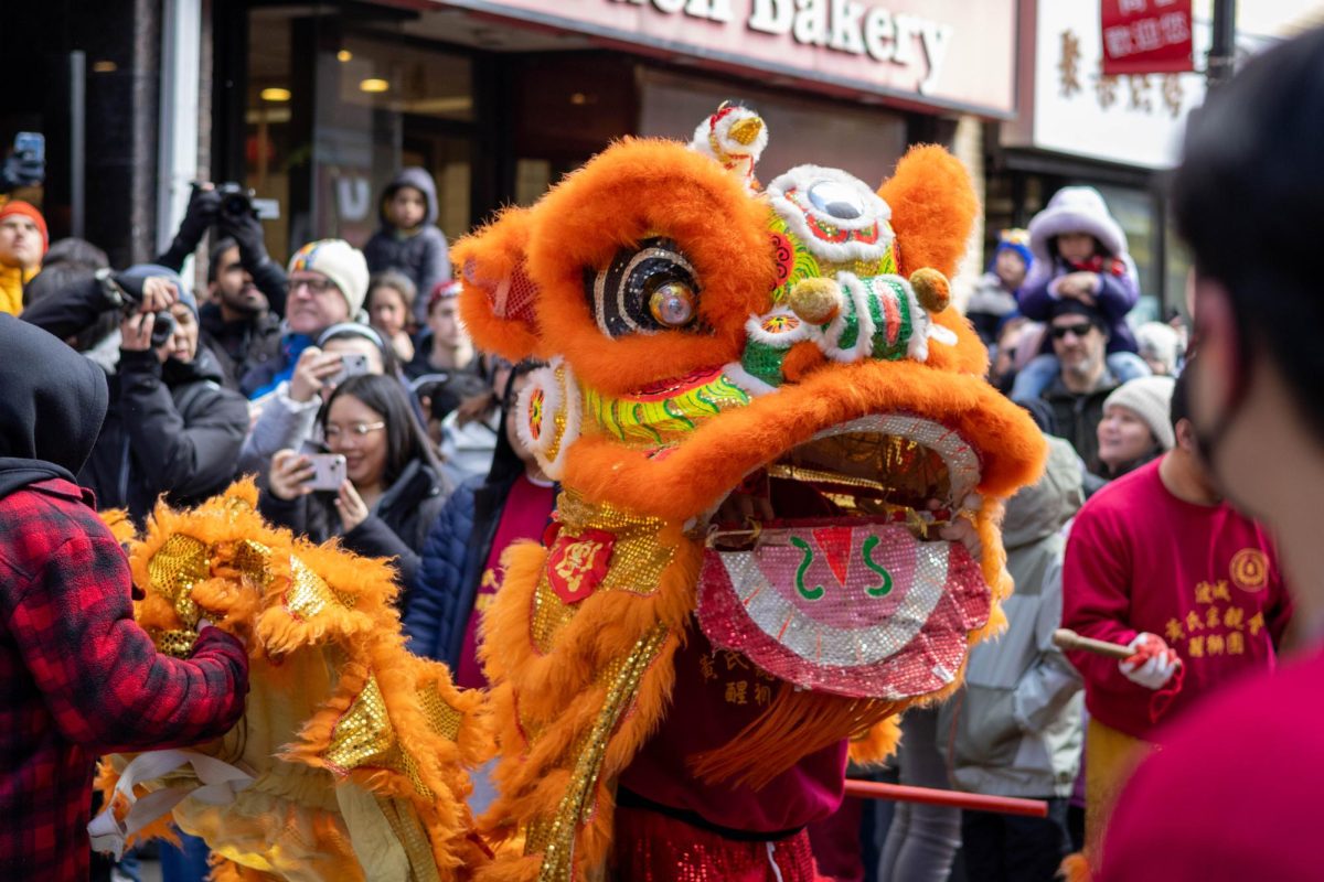 An orange lion dancer greets the audience by batting its eyelashes and dancing to traditional Chinese music. The costumes were handmade with bamboo, rattan bamboo paper and faux fur.