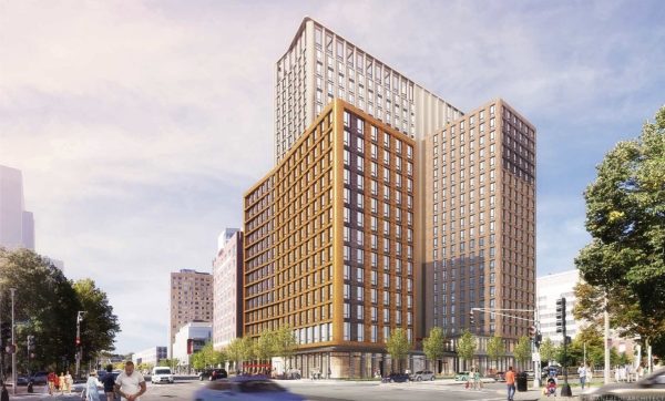 A rendering of the proposed residential hall at 840 Columbus Ave. shows the building facing Tremont Street. The BPDA approved Northeasterns plan to construct the building March 14. Photo courtesy BPDA.
