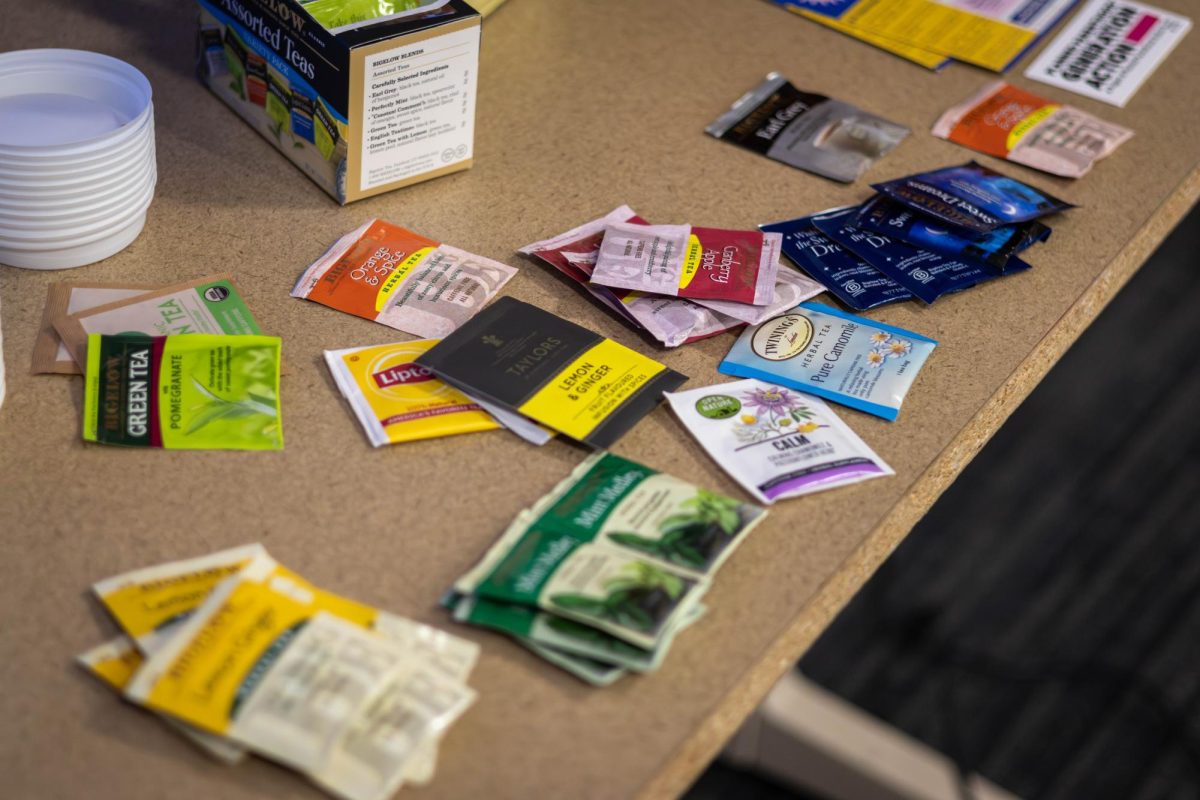 A variety of tea packets sit on a table. Northeastern started its Wellness Days pilot program in July 2022.