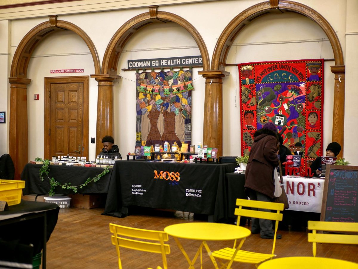 Business tables hug each other closely in the Hall. The proximity of vendors to one another allowed for closer connections. 