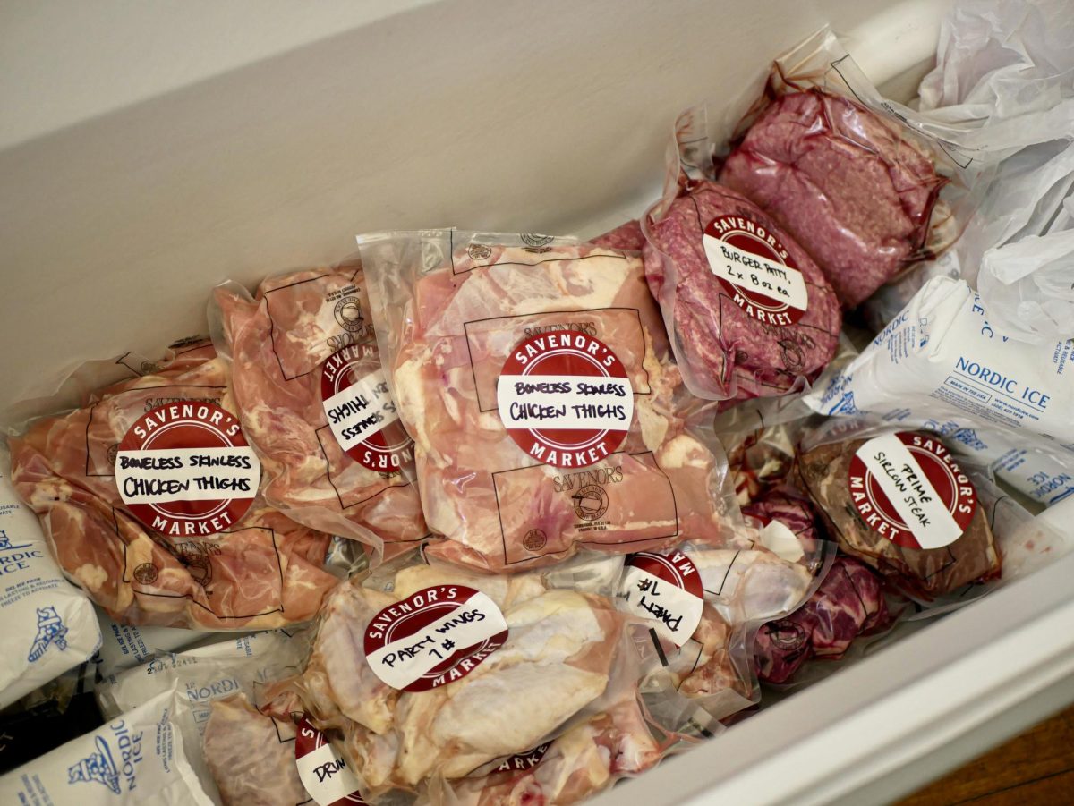 Organic, locally-sourced chicken and beef fills up a Savenor’s Market cooler. The butchery offered other meats, including salmon and sausage, but ran out due to high demand.  