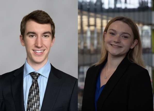 Matthew Coughlin (left) and Cassidy Donoghue pose for separate headshots. The Coughlin-Donoghue slate was announced the winner of the 2024 student government election March 26. Photos courtesy Student Government Association.