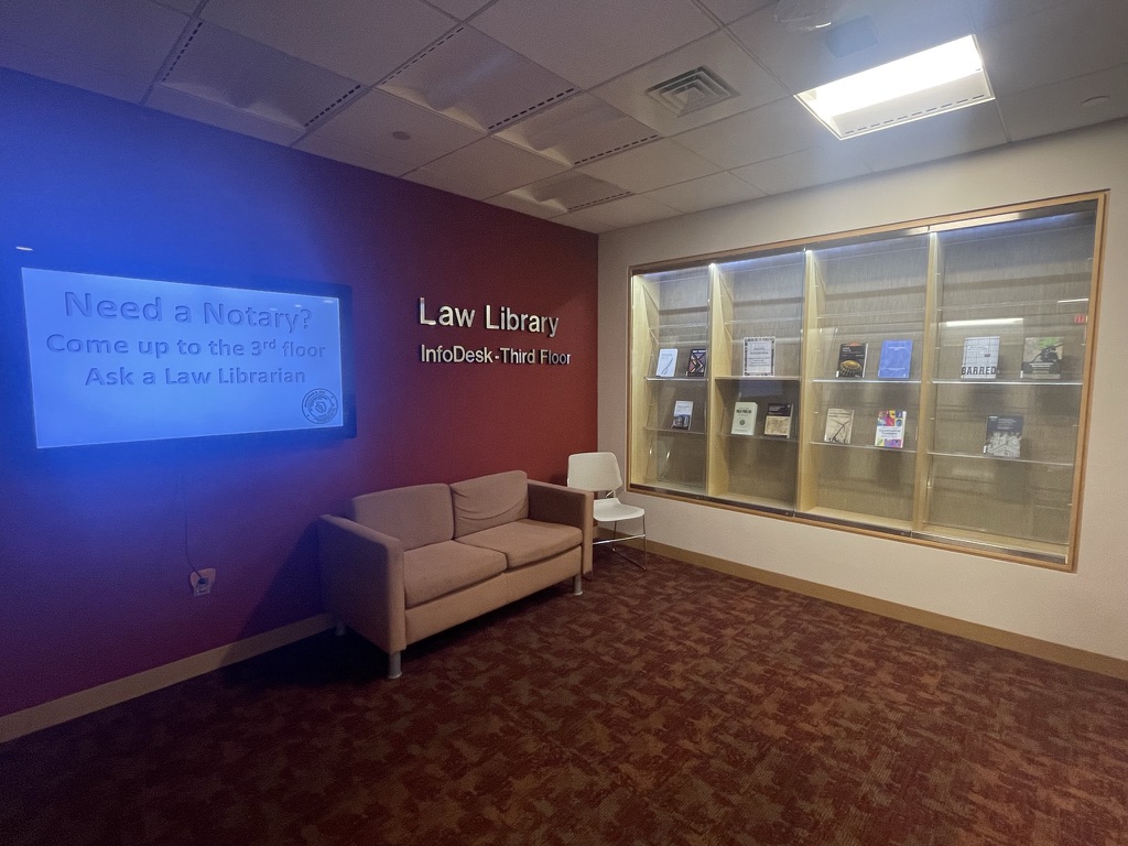 The Law Library’s lobby features a display of library selections. Several displayed books showcased the library’s range of subjects, from criminal justice to international trade.