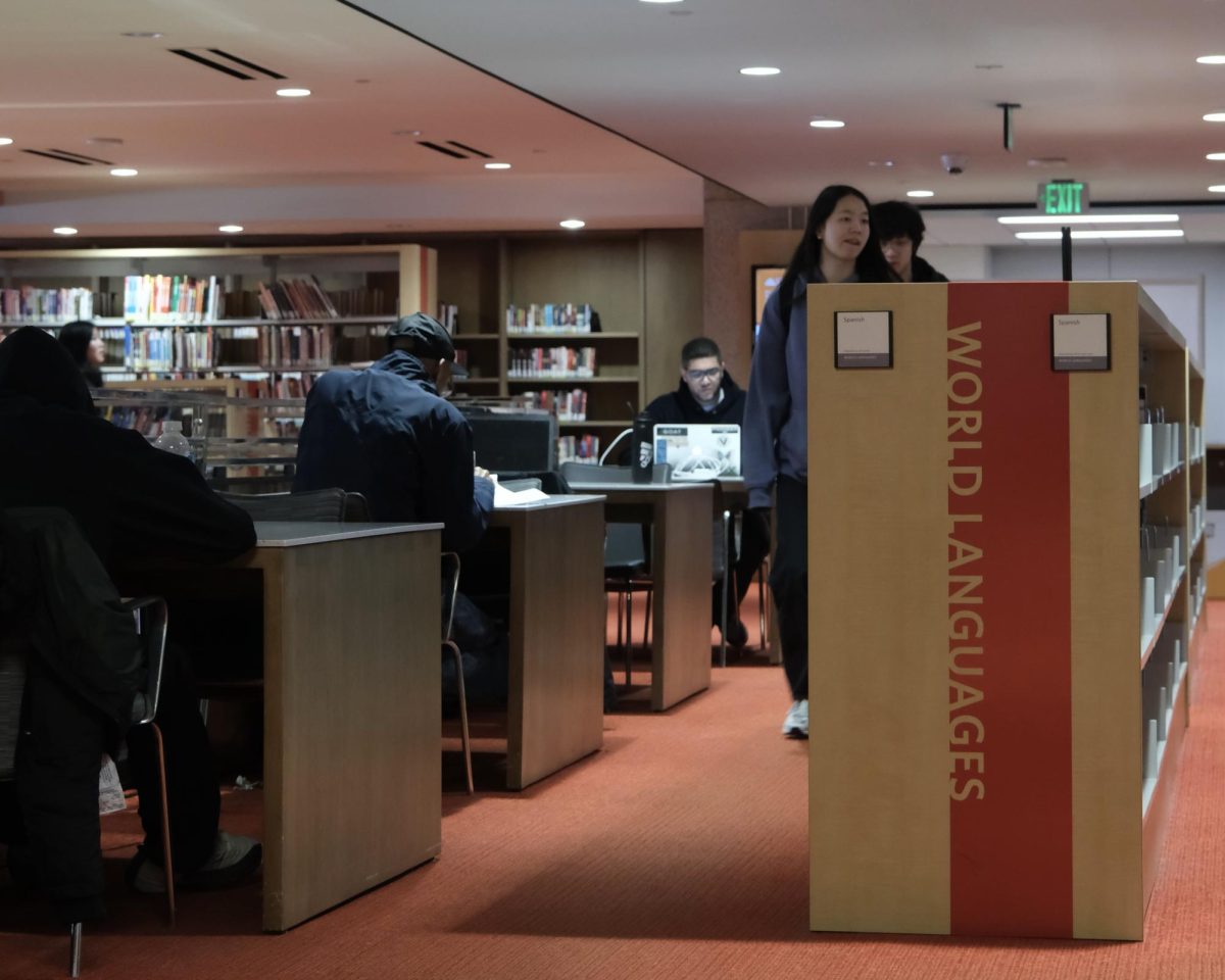 Scholars work in the World Languages section of the BPL Central Library. Factors such as demographic information and anticipated future demand guided the selection of language books at the library.