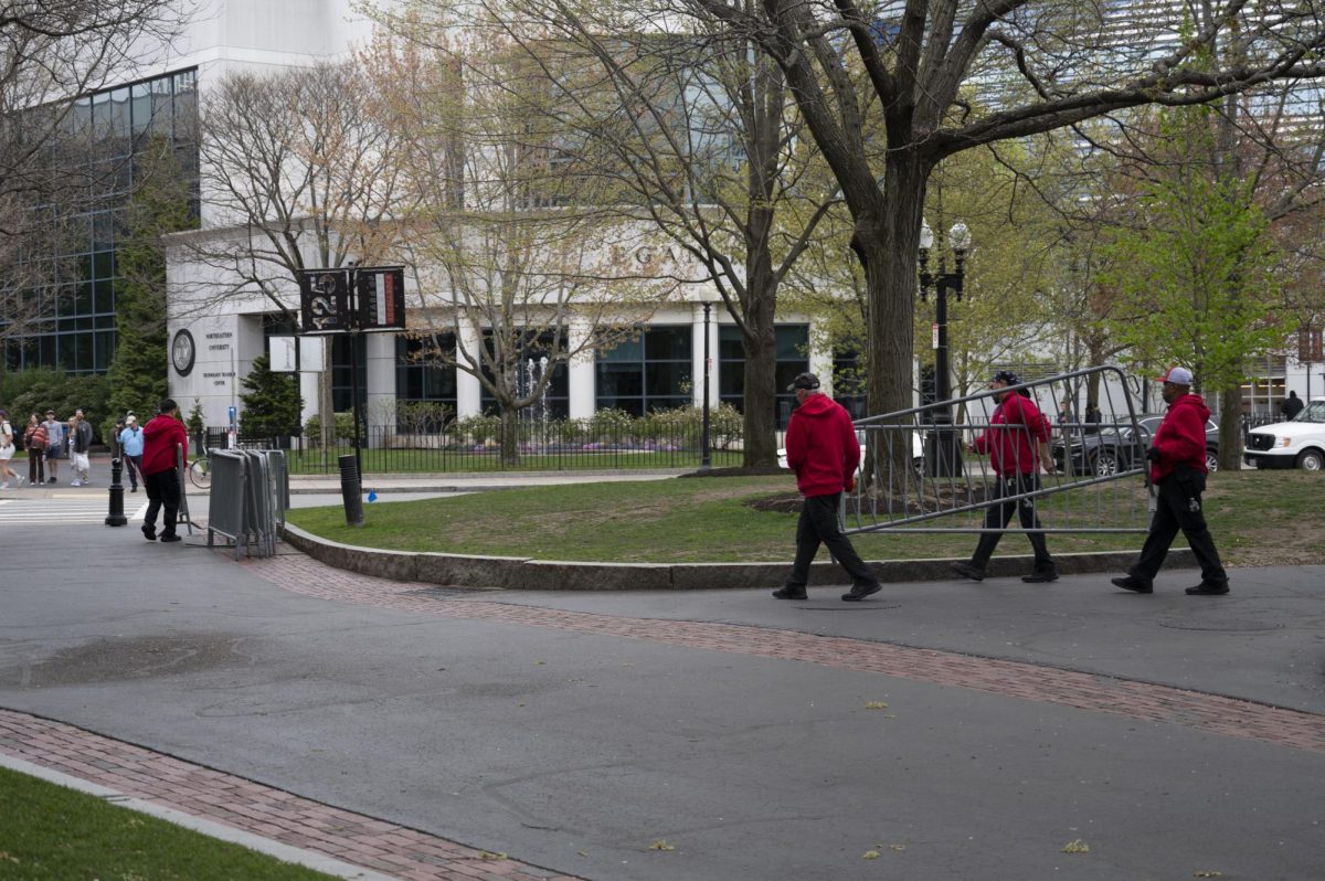 Northeastern facilities remove the barricades that blocked Centennial Common following the encampment. Barricades around other green spaces on campus, such as Krentzman Quad, were removed shortly before.