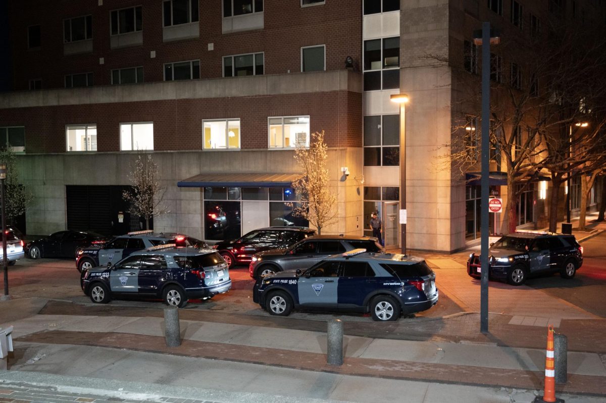 State Police vehicles pull into the parking lot of Renaissance Park on Columbus Avenue. More than 30 vehicles were spotted at around 4:45 a.m.