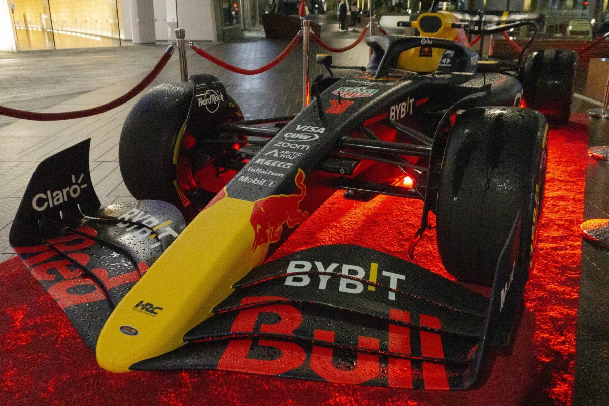 The RB19 sits on display outside the arcade on Seaport Boulevard. In the 2023 F1 season, the RB19 car won 21 out of 22 races.