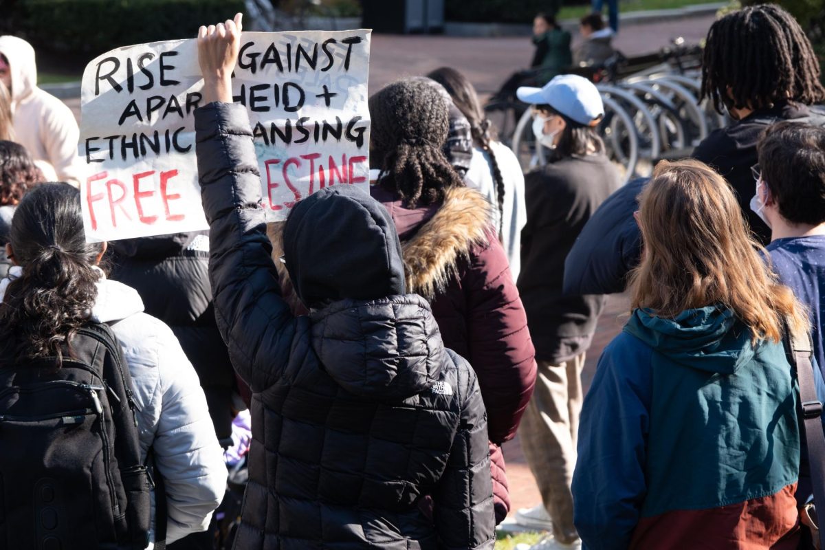 A student holds up a sign during a NUSLSJP pro-Palestine demonstration in Cabot Quad Nov. 16. Many at the rally held handmade cardboard signs. Almost two dozen Northeastern faculty and staff members signed a letter announcing the formation of a NFSJP group.