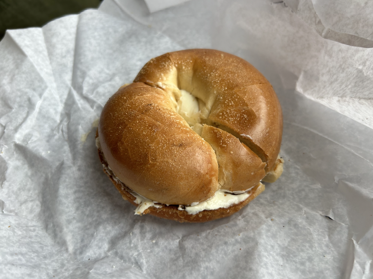 A bagel with cream cheese from Render Coffee.
