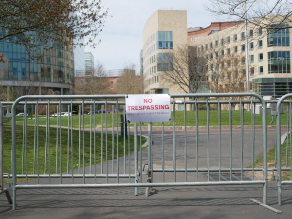 A No Trespassing sign hangs from a a barricade that blocked off Centennial Common following the clearing of the pro-Palestine encampment April 27. JAG expressed gratefulness to university leadership and the NUPD for ending the encampment in a statement emailed to the News.