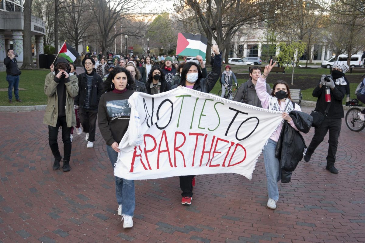 Student protesters from Berklee College of Music march toward Centennial. Members of Berklee’s chapter of Students for Justice in Palestine entered Northeastern’s encampment at 7:15 p.m. after marching from their campus down Massachusetts Avenue.