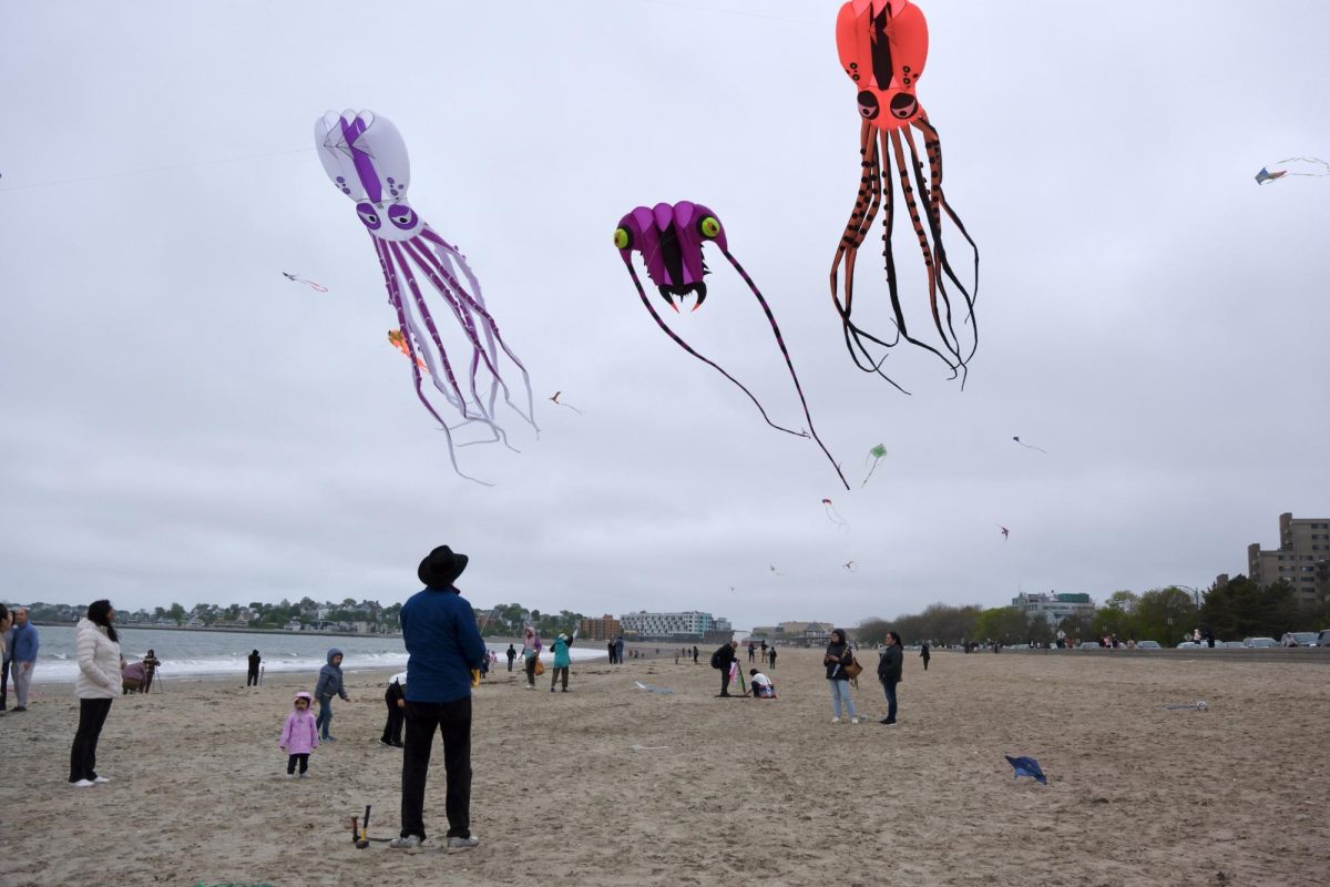 Professional+kitefliers+lift+giant+squid+kites+into+the+sky.+Bostonians+gathered+to+marvel+over+the+kiting+display.