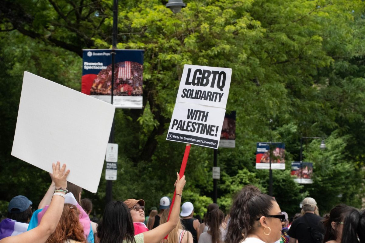 A pro-Palestine protester carries a sign that reads, "LGBTQ Solidarity With Palestine!"