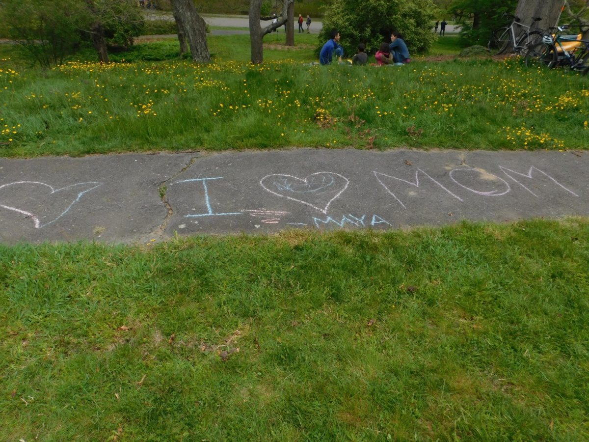A chalk drawing on the sidewalk dedicated to a child’s mom. The chalk drawing was just one example of Mother’s Day being celebrated in the Arboretum, with other chalk drawings representing a mother bee or families setting up picnics for their mothers.