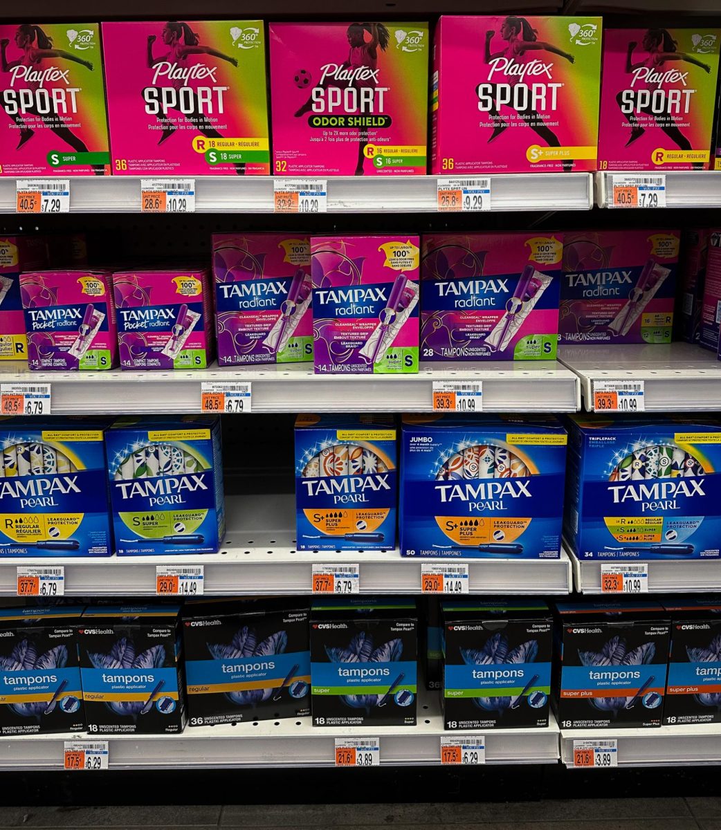 Menstrual products for sale in the CVS on Massachusetts Avenue. Menstrual products from popular brands such as Playtex, Always and Tampax were found to contain harmful chemicals that are damaging to ones reproductive health.