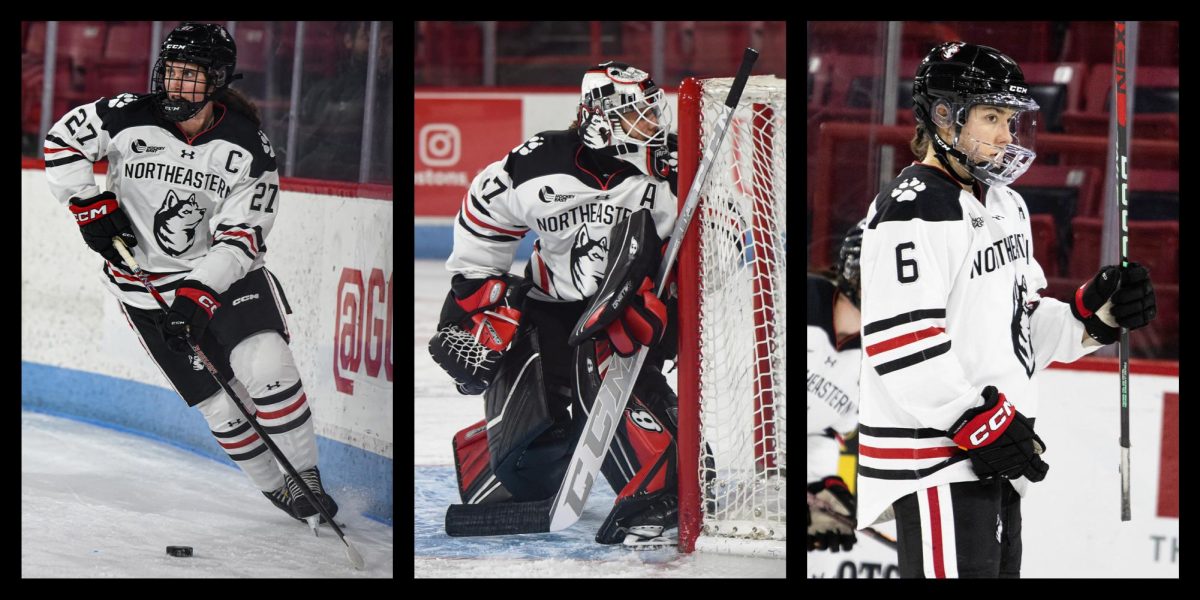 Megan Carter, Gwyneth Philips and Katy Knoll (left to right). The three former Northeastern women’s hockey players were drafted by Toronto, Ottowa and Minnesota, respectively. Photos by Sofia Sawchuk (left and middle) and Katie Billman (right).