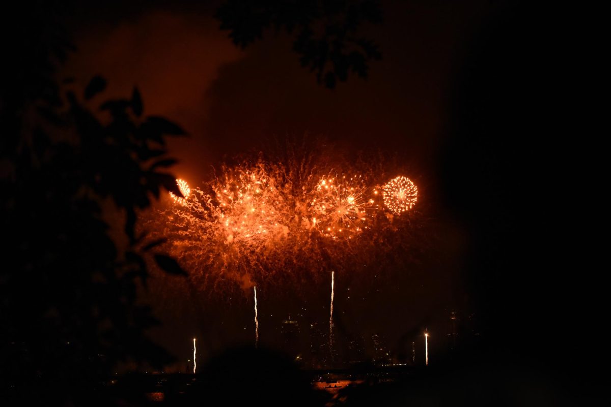 A burst of orange fireworks paints the sky. The fireworks were set off from a barge in front of the Hatch Memorial Shell along the Charles River Esplanade near the Back Bay and Beacon Hill neighborhoods.