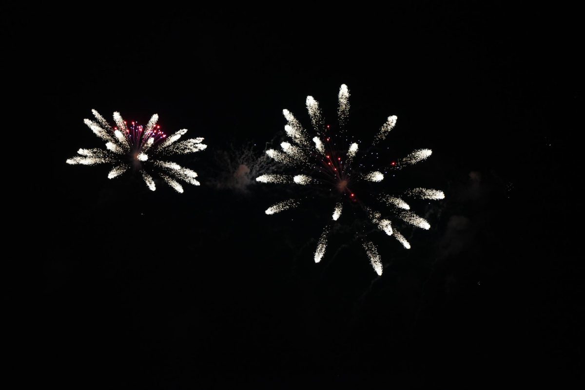 Two white, disk-shaped bursts of fireworks produce specks of red and blue against the backdrop of the dark sky. The fireworks show started at 10:30 p.m. and ended just before 11 p.m.