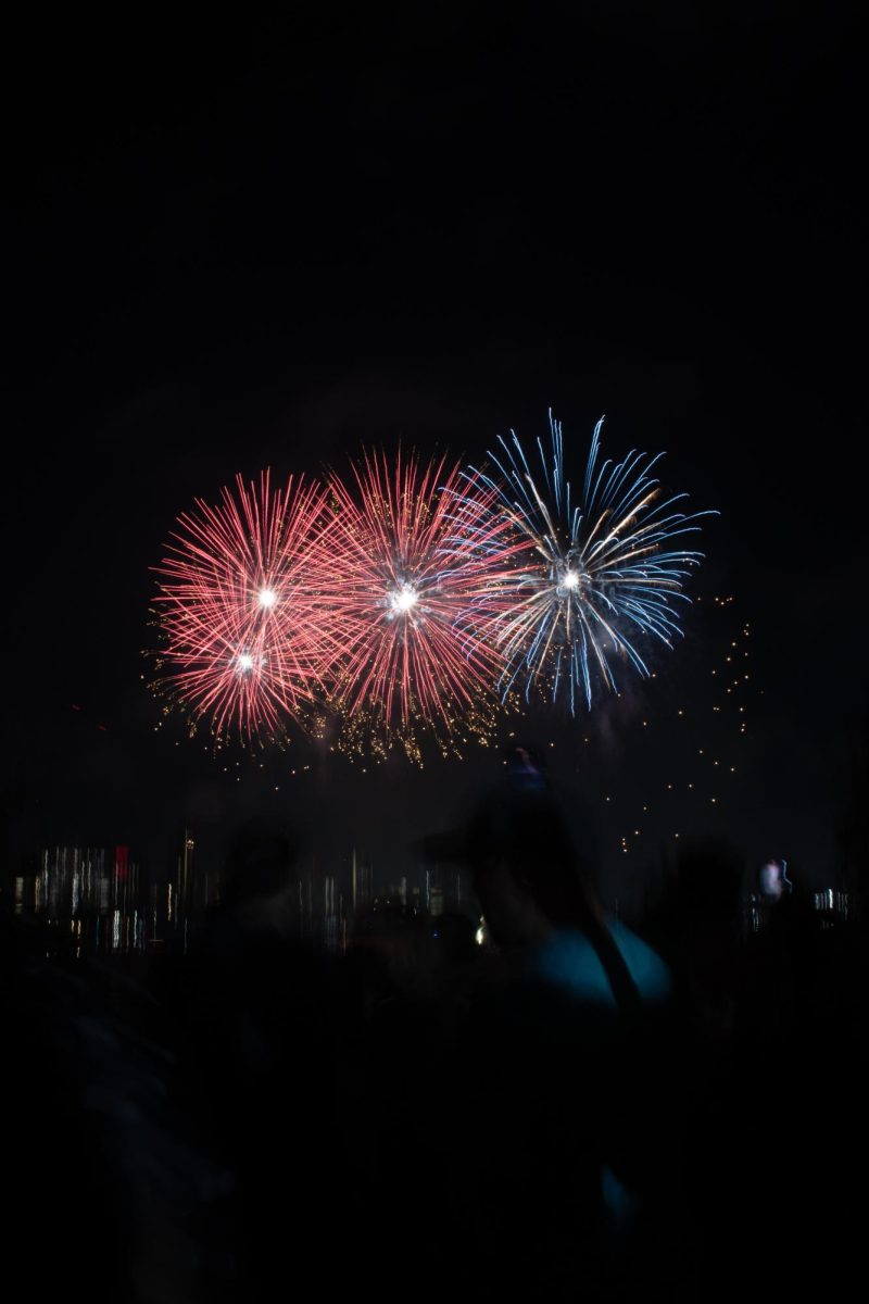 A dense cloud of fireworks shines alongside a cloud of sparklers. Spectators clapped and cheered after big showstopper fireworks burst but mostly stayed silent as the display went on.