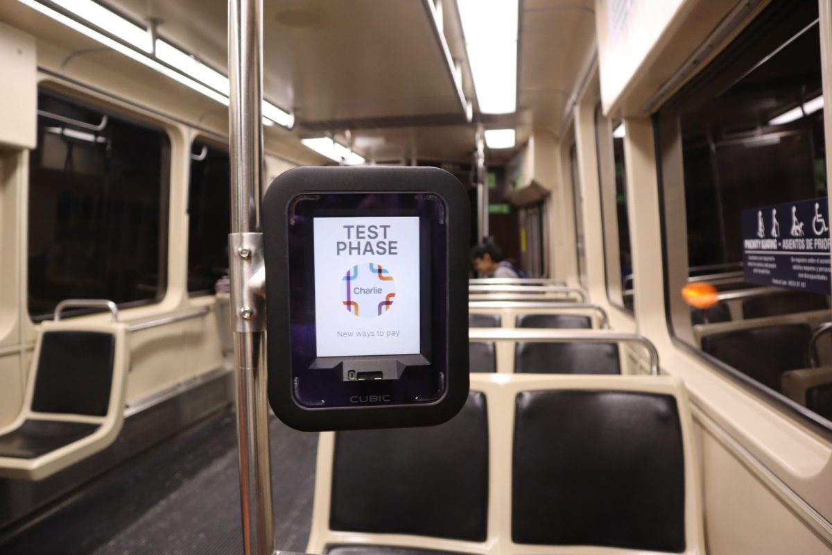 A contactless payment device on a Green Line trolley. The MBTA announced it will start implementing its new tap-to-pay system Aug. 1.