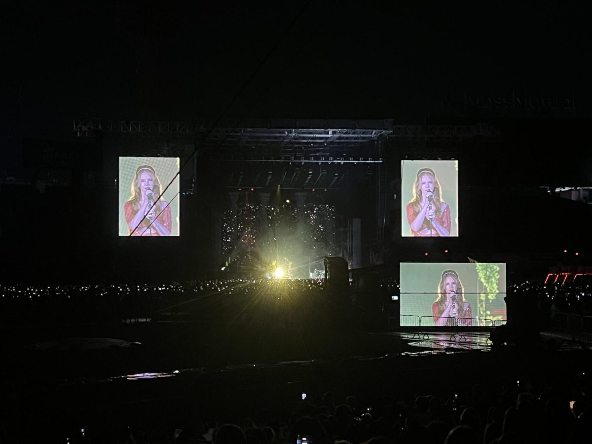 Del Rey looks into the crowd while she performs. She performed an hour-long set, including songs like “Summertime Sadness,” “Without You” and “Video Games.”