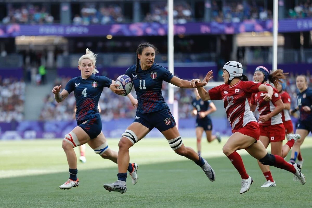 Sarah Levy fights for possession of the ball in her Olympic debut July 28. She scored the first try for the United States in the match against Japan. Photo courtesy USA Rugby.