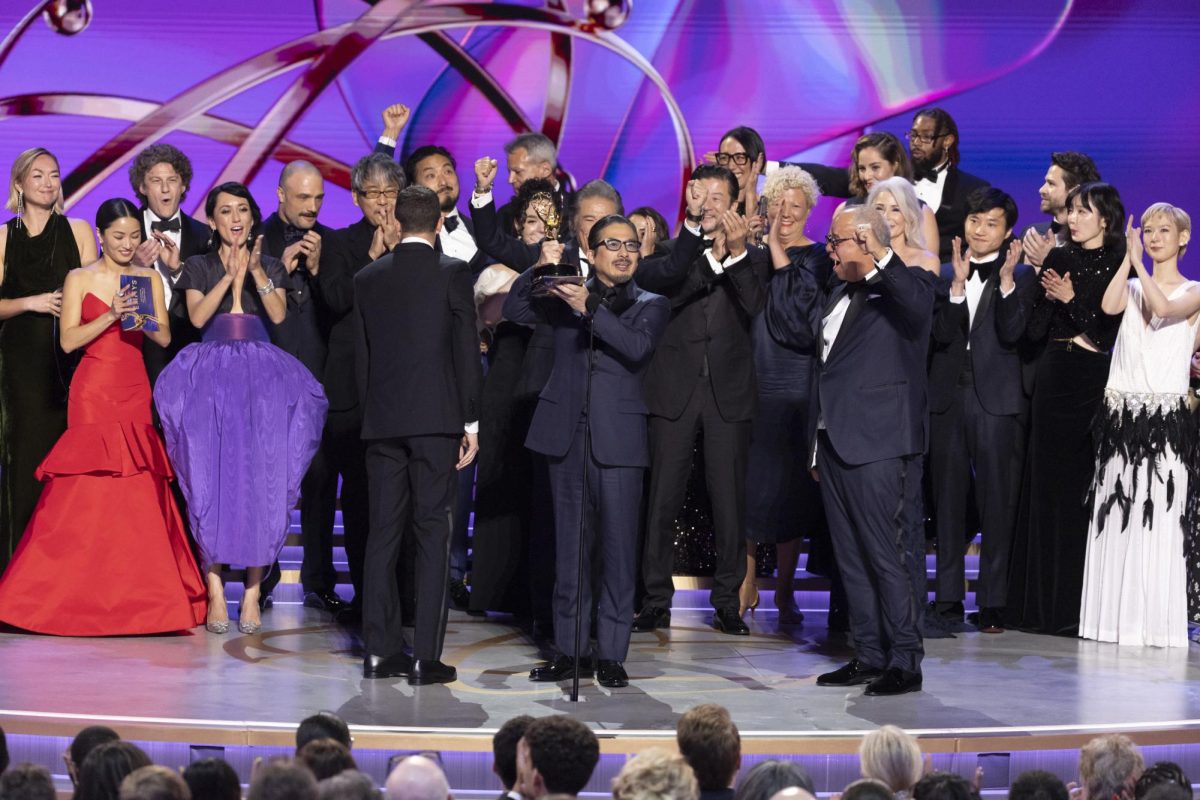 Hiroyuki Sanada holds up the cast of "Shōgun's" Emmy trophy for Outstanding Drama. "Shōgun" won a total of 18 awards. Photo courtesy Frank Micelotta, Disney. 