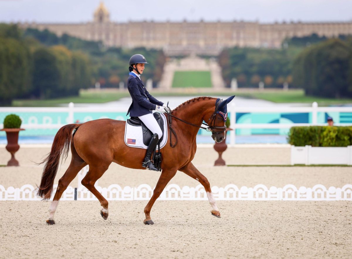 Fiona Howard and her horse, Diamond Dunes, compete at The Palace of Versailles during the 2024 Paris Paralympics. The Northeastern alum notched three gold medals for Team USA in the competition. Photo courtesy US Equestrian.