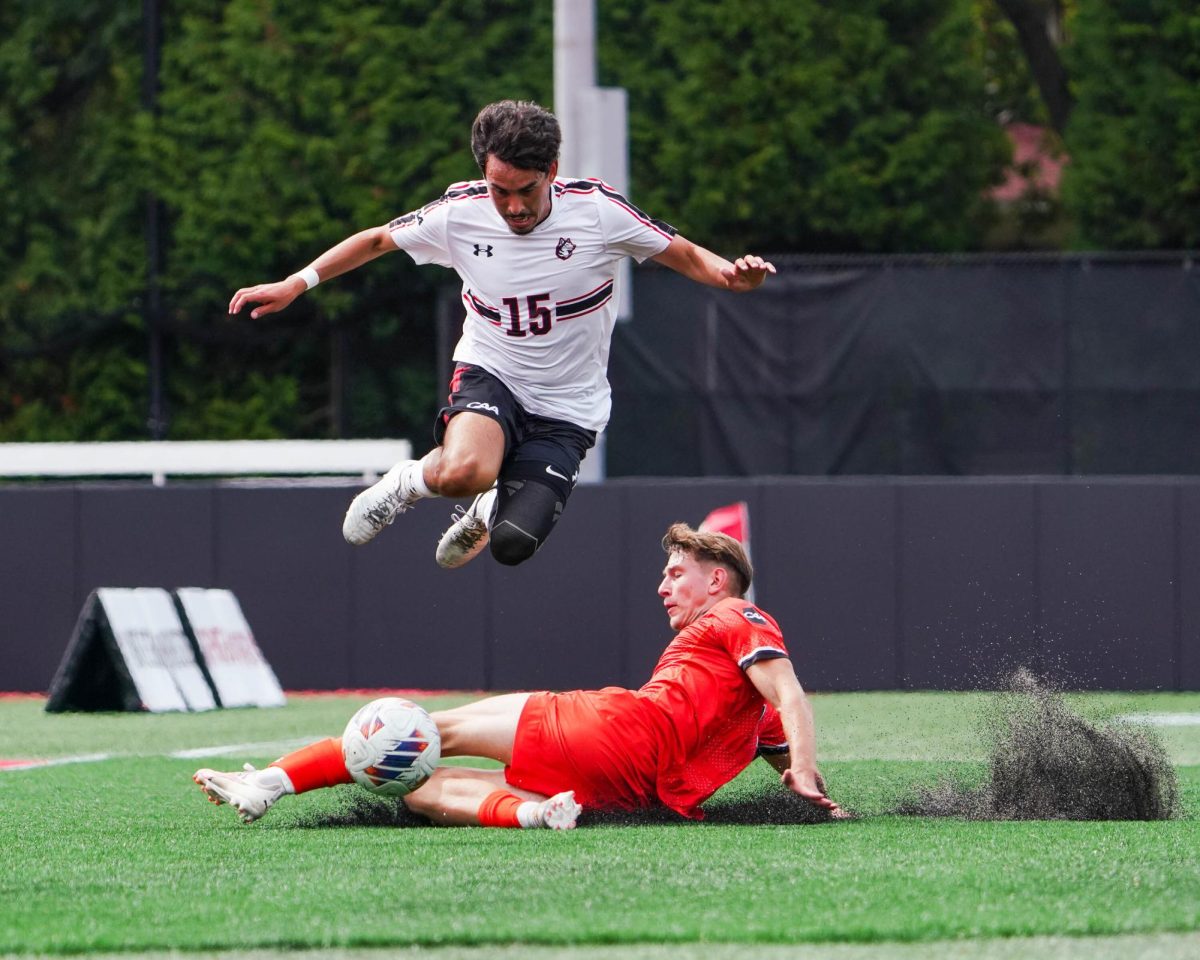 Senior forward Ethan Franco jumps over a Campbell defender Sept. 7. The Huskies tallied just five shots on goal against Drexel Sept. 14.