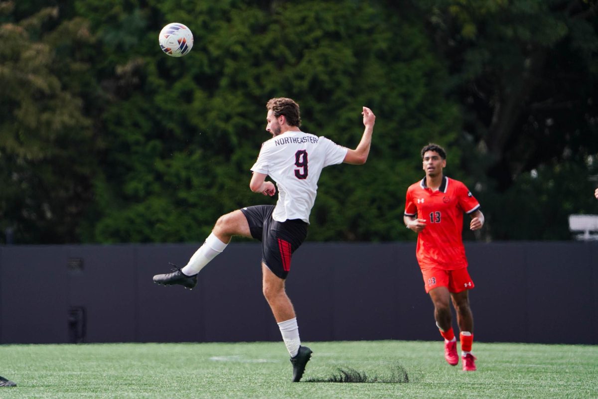 Sebastian Restrepo slides toward the ball versus Campbell Sept. 7. The Husky led Northeastern’s efforts against William & Mary Sept. 21, tallying three shots, including two on goal.