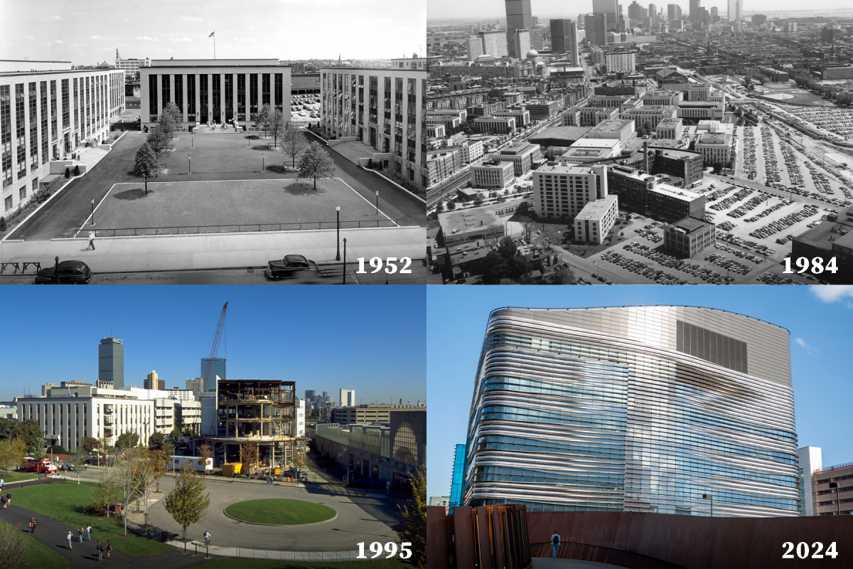 Northeastern's Boston campus shown at various stages from 1952 to the present day. The university faced a budget gap of $17 million in 1991, causing them to formulate a strategy to bring in more money. Photos courtesy Northeastern University Archives and Special Collections. Bottom right photo by Jessica Xing.