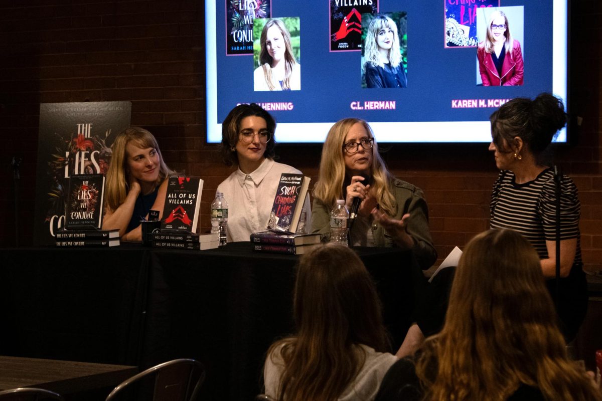 Sarah Henning, C.L. Herman and Karen M. McManus (left to right) speak during the panel discussion. The conversation was moderated by Jean Stehle (right).