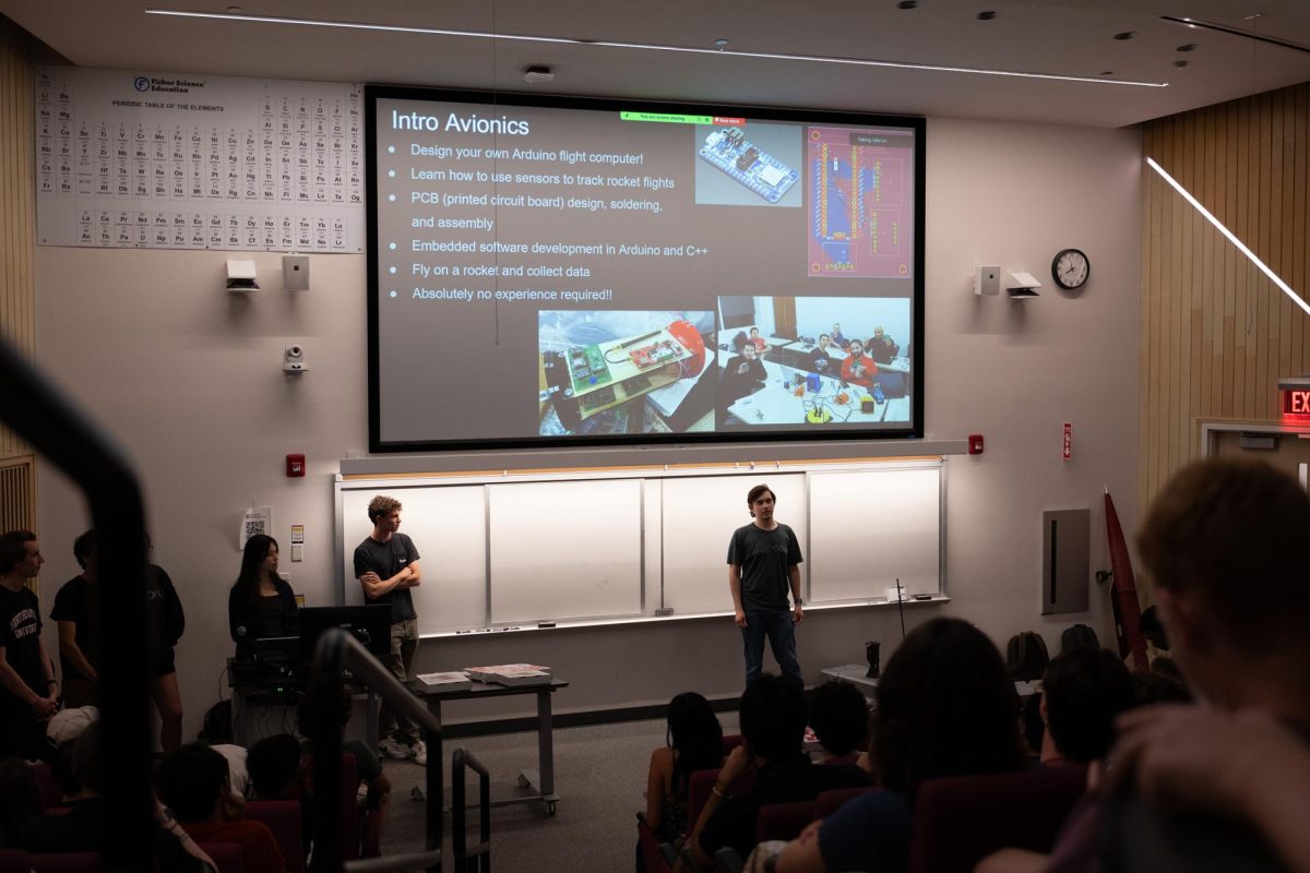 A member of the AerospaceNU e-board speaks about the Intro to Avionics program. The e-board outlined the structure of the club, which is split into five projects, each building a different aerodynamic object.