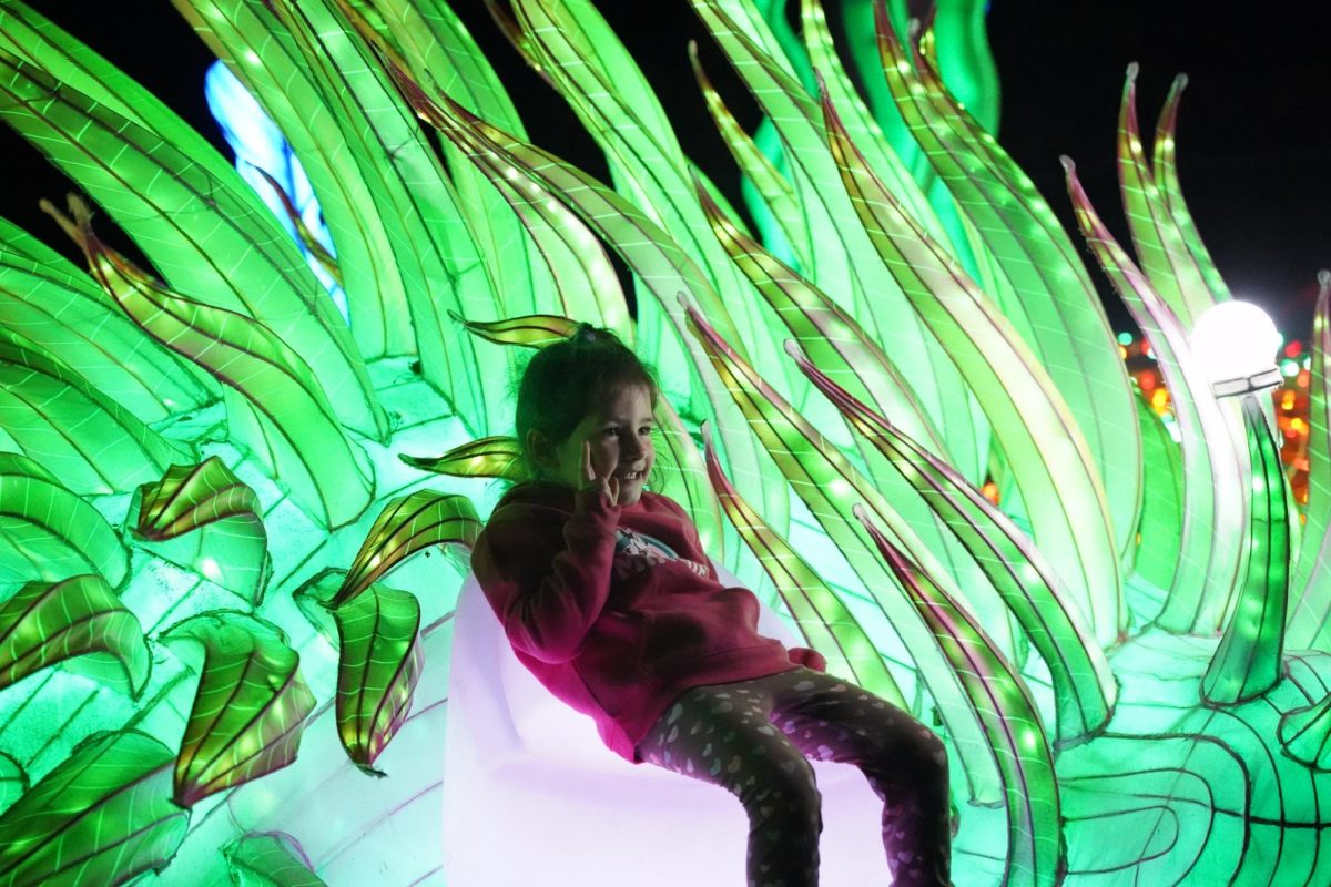 A child sits and poses on a sea slug chair. The biggest habitat showcased at Boston Lights was the ocean.