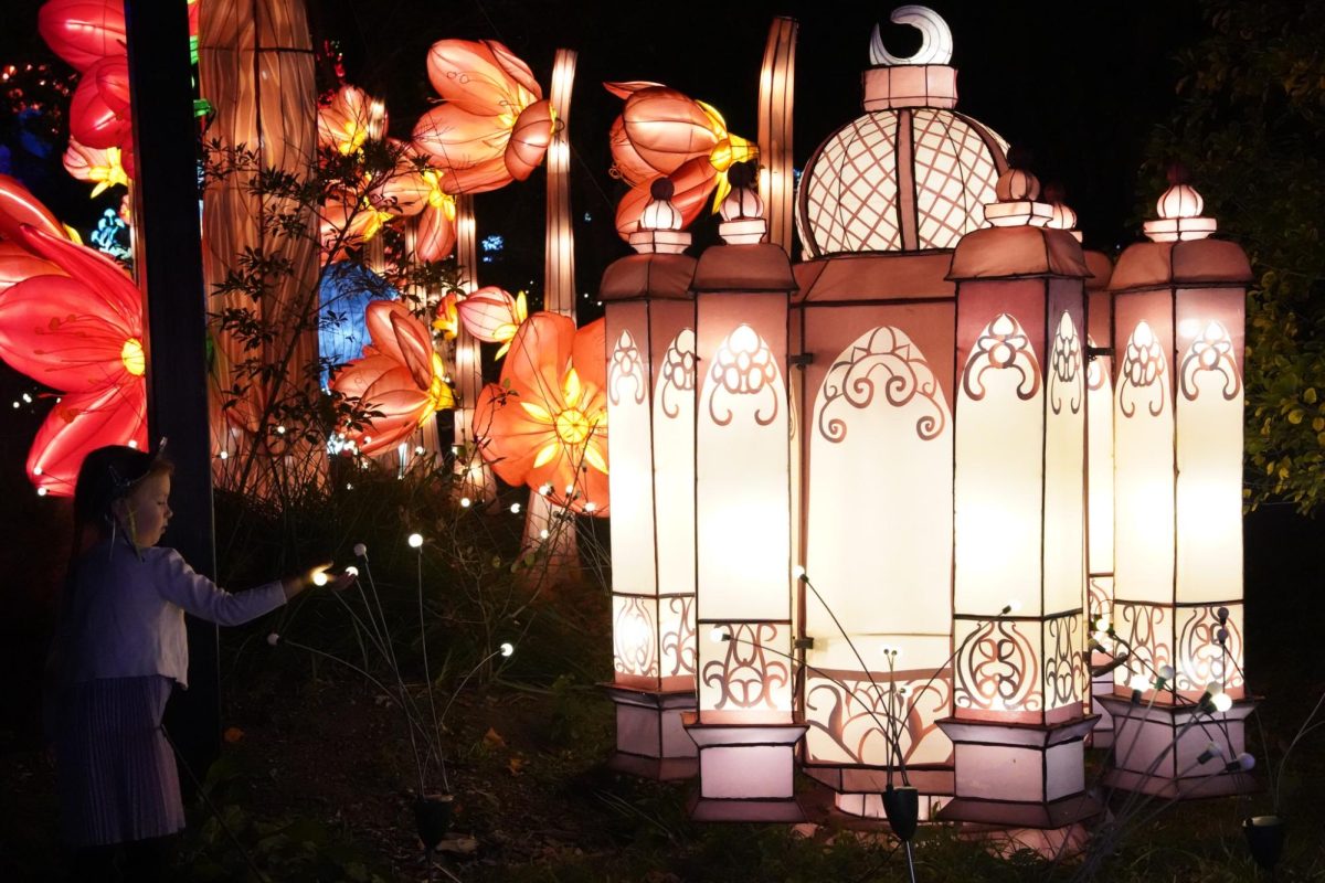 A lantern of a mosque glows in the night. The zoo featured elements of Indian culture, including  elephants and lotus flowers.