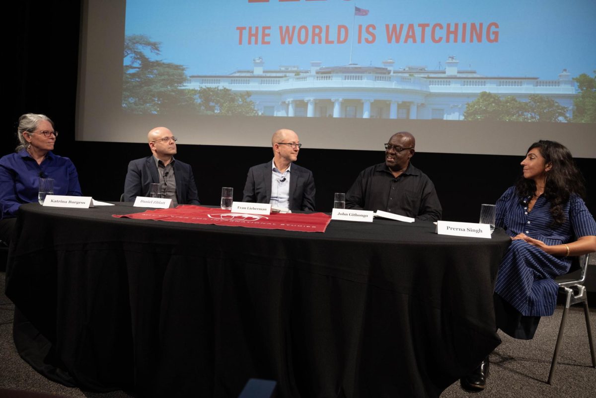 The panelists at the Starr Forum: The World is Watching event. The speakers discussed global perspectives on the upcoming U.S. presidential election.