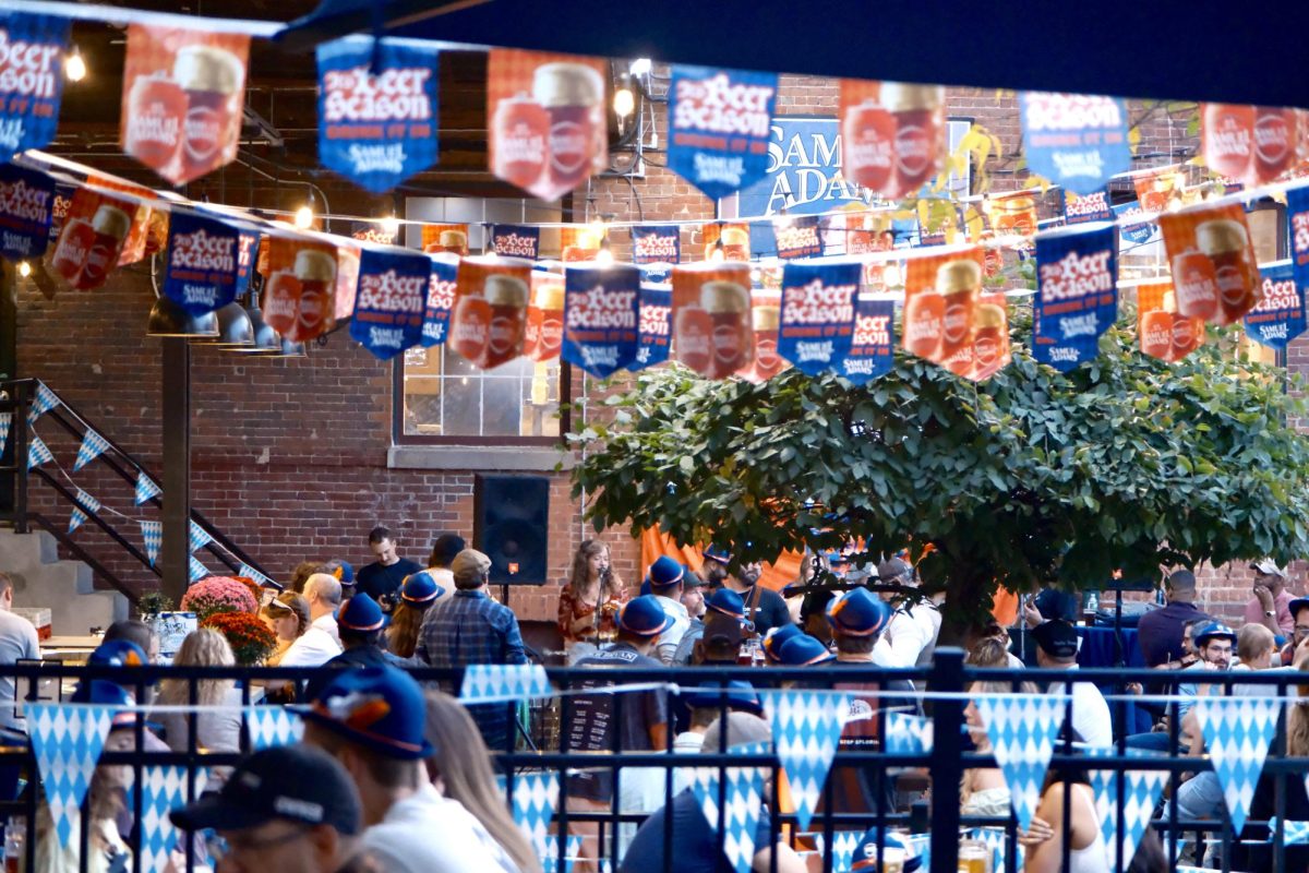 The patio of Samuel Adams Boston Brewery is decorated for Oktoberfest with Bavarian pennants and branded banners. The Jamaica Plain brewery hosted a weekend’s worth of festivities for the seasonal celebration.