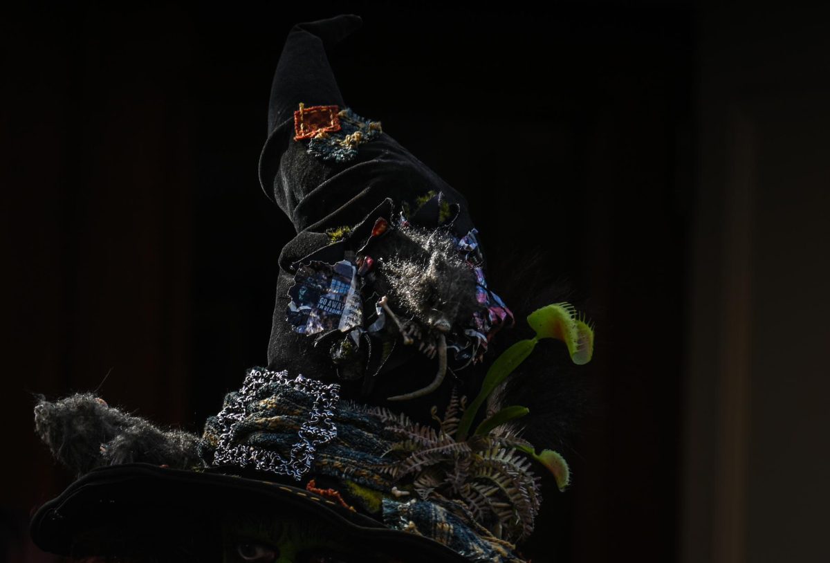 A costumed performer’s witch hat showcases different materials. Salem’s association with witchcraft captured the effect of English colonization of New England at the time and illustrated how fear served as a basis for the most lethal and widespread occurrence of witchcraft accusations in North America.