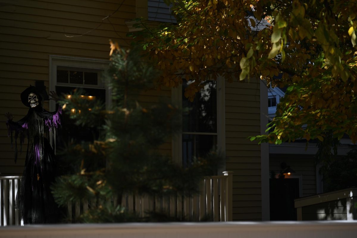 A skeleton dressed as a witch stands on the porch of a house, watching passersby walking along Chestnut Street. Many residents in the area partook in the Halloween spirit, decorating the outside of their homes with spooky additions like lights, skulls and blow-up figures.