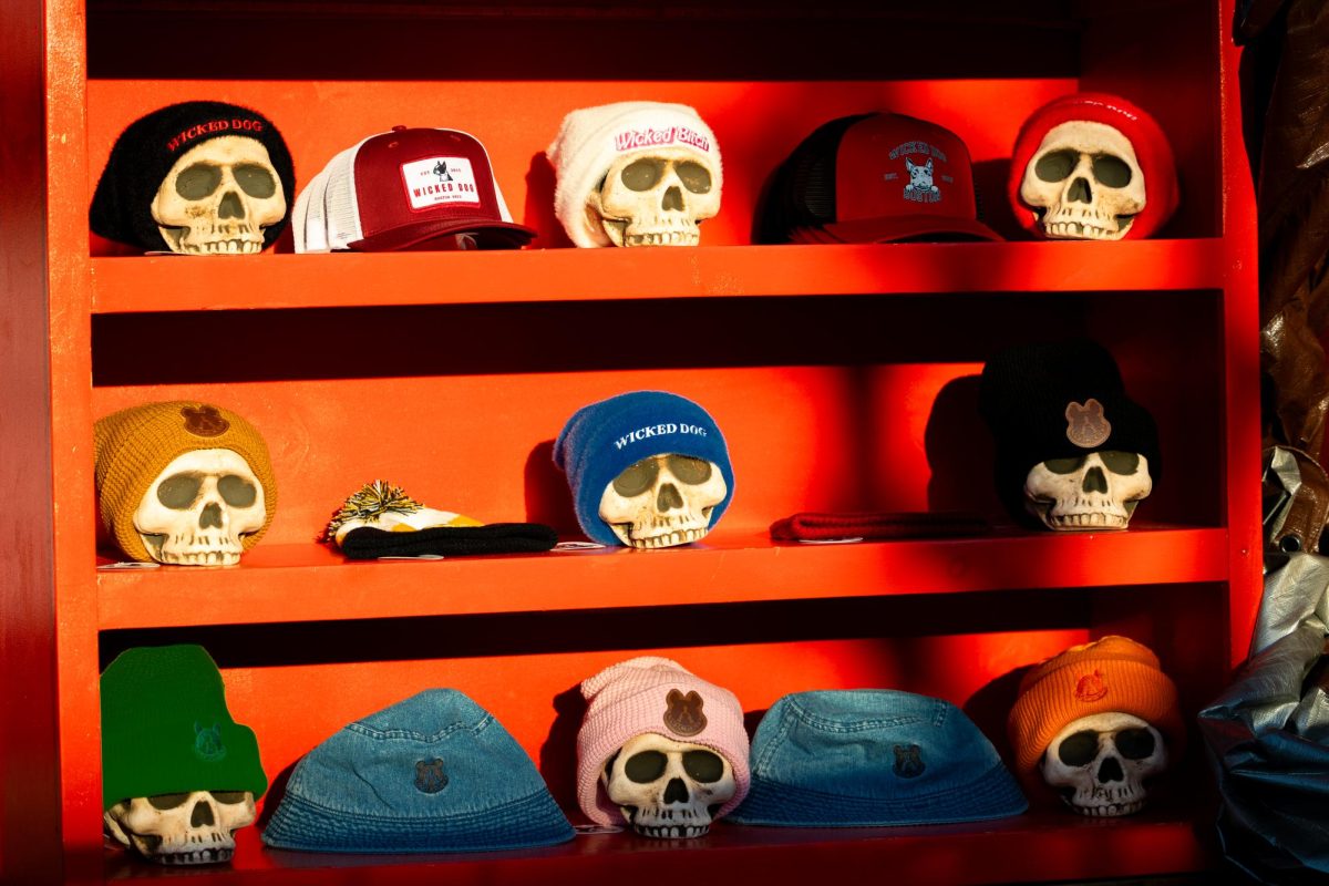 Halloween-themed hats sit on a shelf. The vendor was one of many shops located inside the festival that sold all types of Halloween-themed goods.