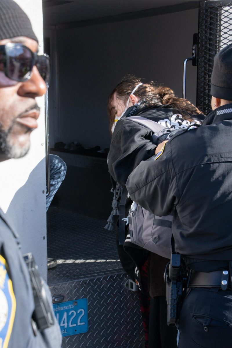 A BPD officer stands guard as another officer escorts an arrested counterprotester into the back of a prisoner transport van. The counterprotesters surrounded the BPD vehicles and prevented them from moving for hours, until the police finally pushed through the crowd and took the arrestees away for processing.