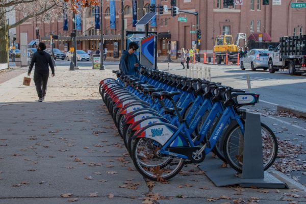 A Bluebikes station on Massachusetts Avenue. The city announced in fall 2023 that it plans to add 100 new Bluebikes stations around Boston.