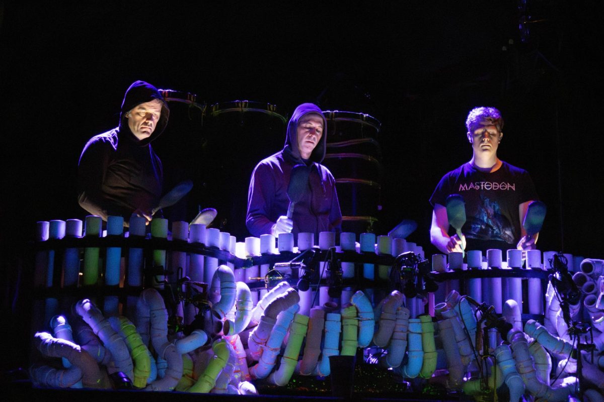 During soundcheck, the Blue Man Group practice the finale out of costume. The trio practiced songs, bits and throwing marshmallows.