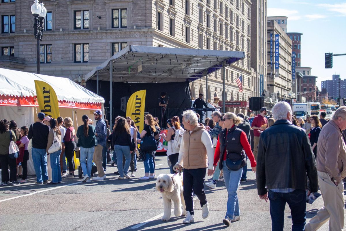 Festival goers wander Copley Square while staff supervise and answer questions. Musicians played throughout the event.