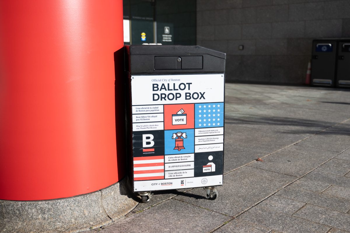 A ballot drop box stands in front of a MFA entrance. A poll conducted by The Huntington News found undergraduate students strongly prefer Democratic nominee Kamala Harris for president. 