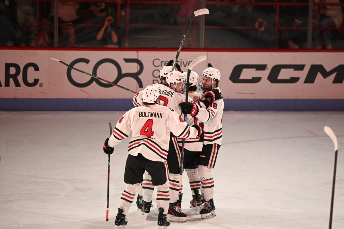 Northeastern celebrates in a 4-2 win over Boston College Nov. 23. The Huskies tallied 29 shots compared to the Eagles' 32.