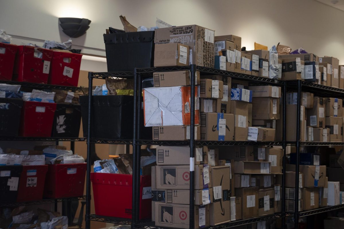 Boxes sit on the Marino Mail Center shelves. Northeastern opened an additional mail area in Speare Hall to accommodate the influx of packages. 